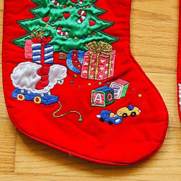 2 Vintage Christmas Velvet Embroidered Stockings Santa Tree Candy Cane Presents - Picture 3 of 13